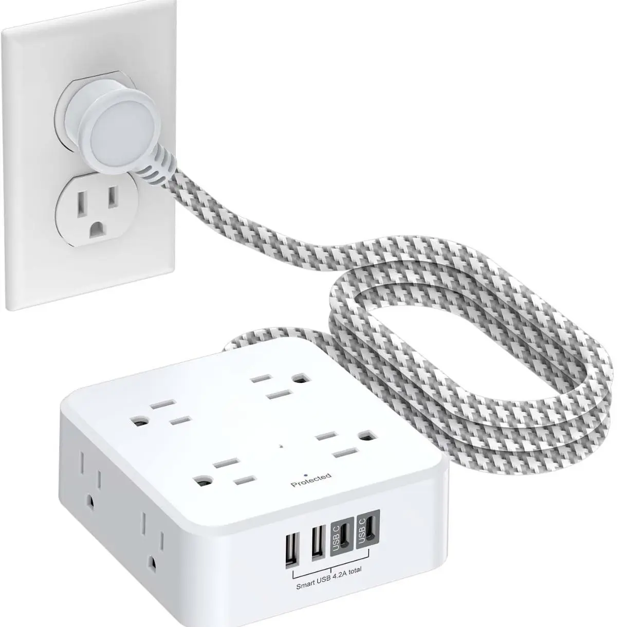 Surge Protector Power Strip - 5Ft Braided Extension Cord with 8 Outlets with 4 USB (2 USB C) Charging Ports, Flat Plug Multi Plug Outlet Extender Charging Station for Home Office, ETL, White