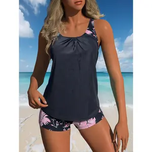 JoLip Women's Tankini Two-piece Conservative Black Pink Floral Print Shorts Style Beachwear Swimsuit,Tankini Suit,Bathing Suits,Tankini swimsuit,Tankinis 2 Piece Set,Women's Swimsuits,Women's Swimwear for Beach,Tankini Swimsuits Women