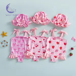 Toddler Girl Summer Sleeveless Tie-Shoulder Bathing Suit with Strawberry, Cherry, Bow Prints and Swim Cap