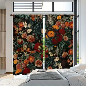 Floral Print Curtain, 2 Counts/set Retro Floral Pattern Door Curtain, Window Curtain for Home Living Room Bedroom Kitchen Dining Room Study Room Home Decoration Curtain
