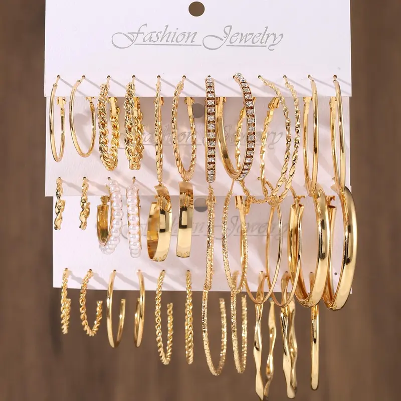 Faux Pearl & Rhinestone Decor Rope Chain Design Hoop Earrings Set, Vintage Jewelry for Women, Trendy All-match & Exquisite Jewelry for Birthday Gift, Fashionable Jewelry, Stylish Jewelry, Hoop Earring Sets, Earring Stacks