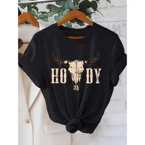 [Cotton HOWDY T-Shirt] 100% Cotton Women's 'HOWDY' Bull Skull Pattern T-Shirt | Casual Black Round Neck, Short Sleeve, Lightweight & Breathable, Perfect for Spring and Summer, Machine Washable, All-Season Comfort Top Womenswear