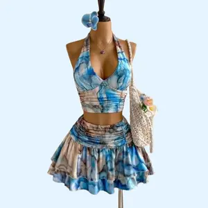 2026 Latest Women's-Piece Bohemian Clothes Set - Blue Tone Ink Wash Halter Neck Backless Top, Sleeveless Adjustable Tie Dye Skirt, Soft Fabric, for Lady's Spring Summer Vacation, Casual