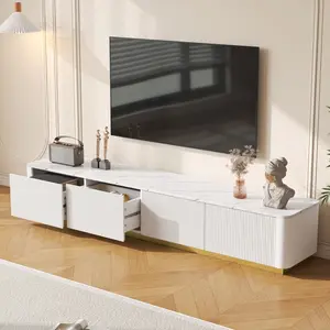 Luxury Fluted TV Stand for 85"+ TV, Modern Low-Profile Entertainment Center with Faux Marble Tabletop, 4 Drawers, Large Media Console Table with Gold Base for Living Room (White)
