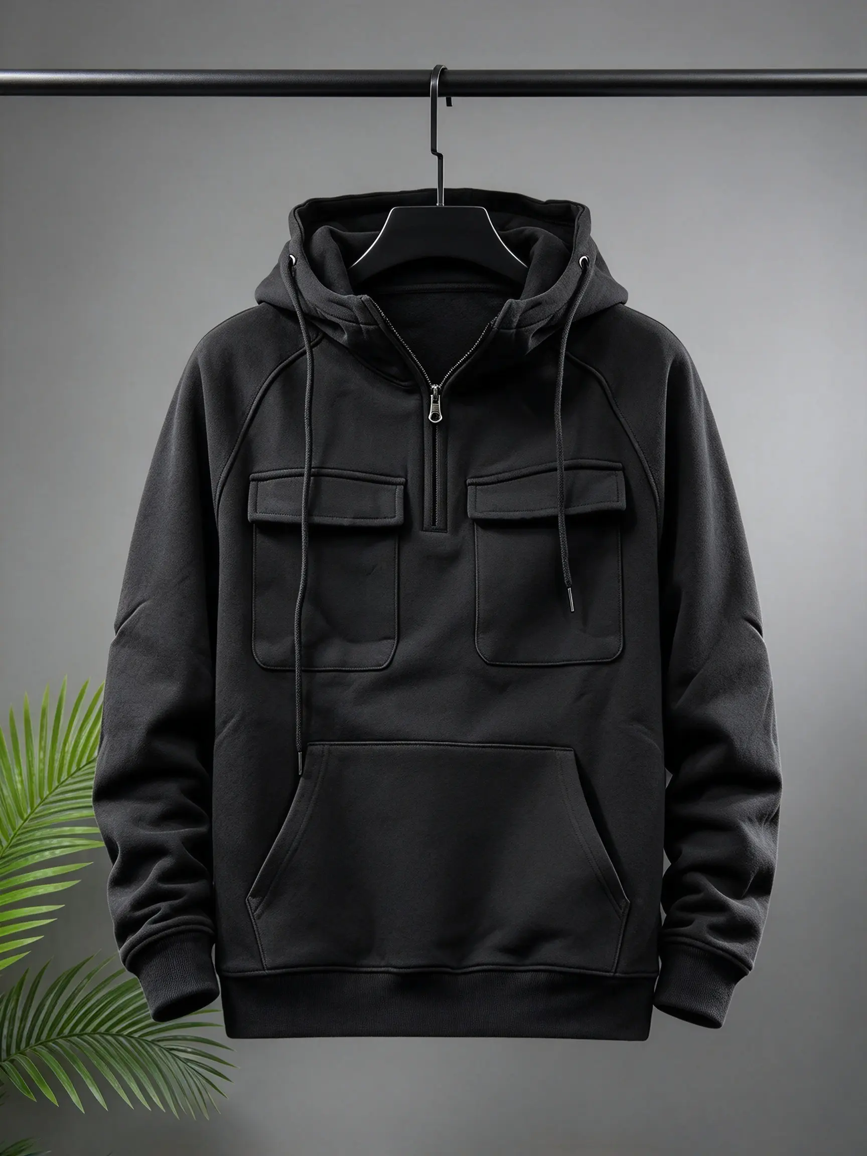 Men's Quarter-Zip Cargo Pullover Hoodie - Tactical, Fashionable, Workout Gym & Outdoor Sweatshirt with Hooded Collar