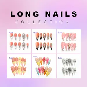 G Nails Long Nails Collection 100% Handmade 3D Press On Nails with Rhinestone Decorations & Floral Design Salon Quality Premium Craftsmanship