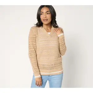 Joan Rivers Collared Long Sleeve Open Stitch Sweater