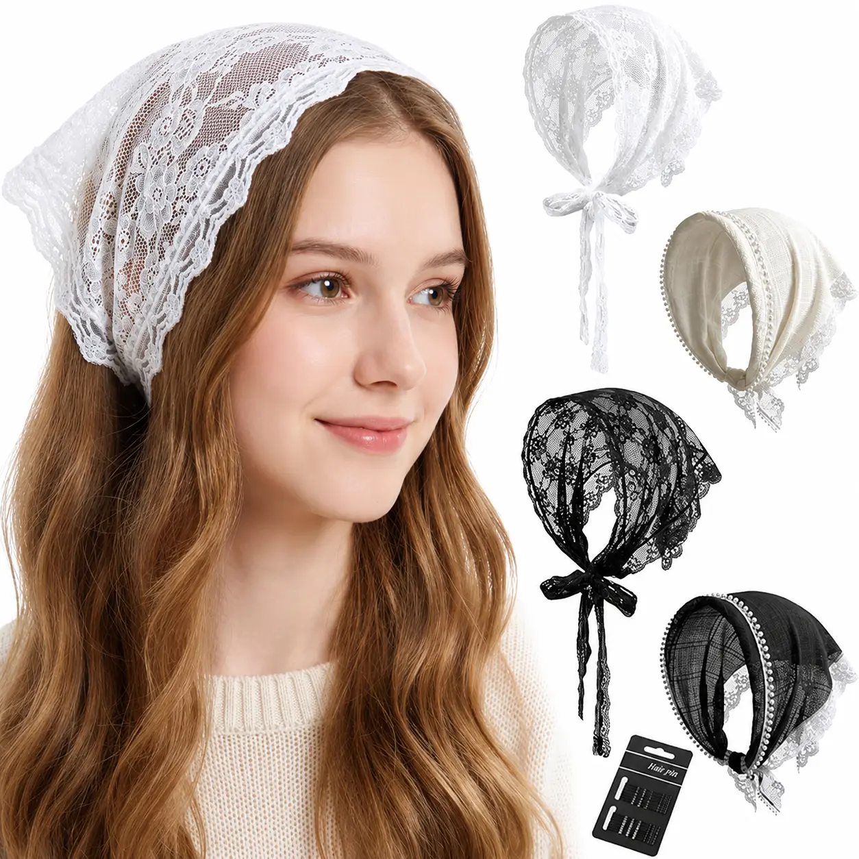 4 Pack Lace Bandanas Head Scarf for Women, White Hair Scarf Bandana for Wedding Bridal Headband Kerchief Spring Summer Hair Accessories