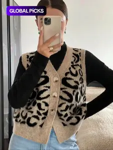 Women's Leopard Print Sweater Vest, Casual Fashion Sleeveless Knitwear Tops for Daily Wear, Ladies Clothes for All Seasons, Womenswear, Piece