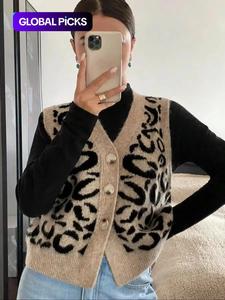women's leopard print sweater vest, casual fashion sleeveless knitwear for daily wear, ladies clothes for all seasons, tops, clothes for women