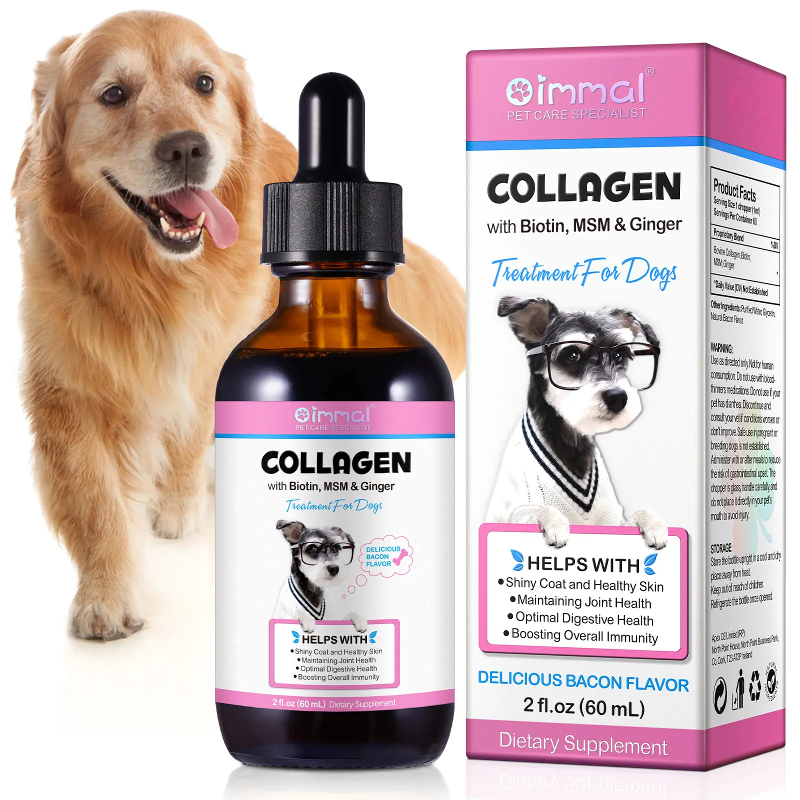 Oimmal Liquid Collagen for Dogs, Dog Liquid Collagen with MSM & Ginger for Itch Allergy Relief, Skin and Coat Supplement, Joint Support, Bacon Flavor, 2 fl. oz (60 ml)