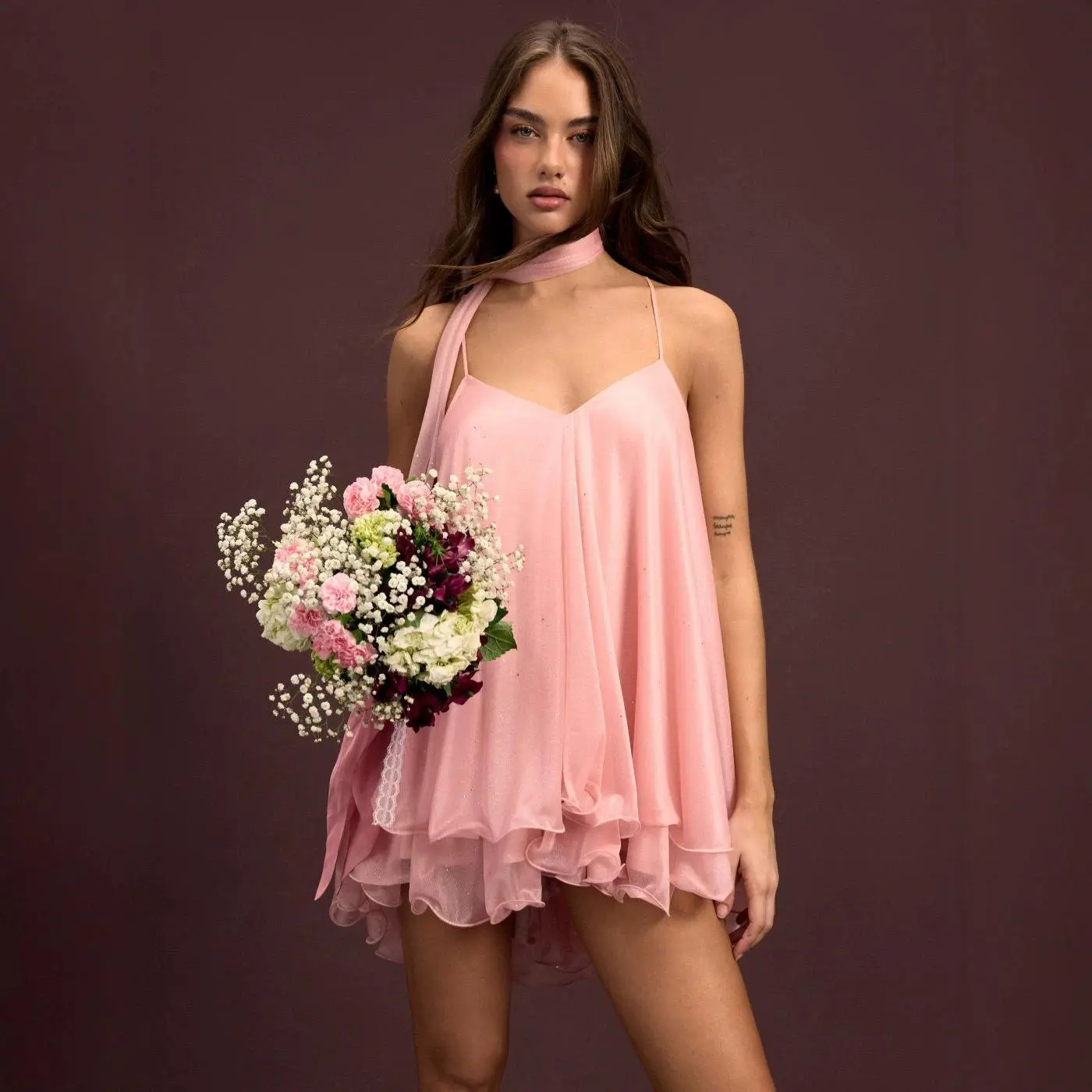 Women's Sparkly Chiffon Spaghetti Strap Mini Dress, Matching Neck Scarf, Ruffle Hem Loose Sleeveless Fairy Dress for Date Party
