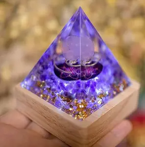 Orgone Pyramid Crystal with Light Base, Orgonite Healing Meditation Reiki Stones Protection Amethyst with Copper for Anxiety Balance Anti-Stress Calmness Love (Moon)