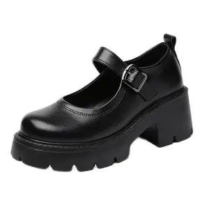 Mary Jane Shoes Platform for Women Chucky Heel Black Leather Buckle Strap Comfortable Fashionable  Classy Flatform, winter