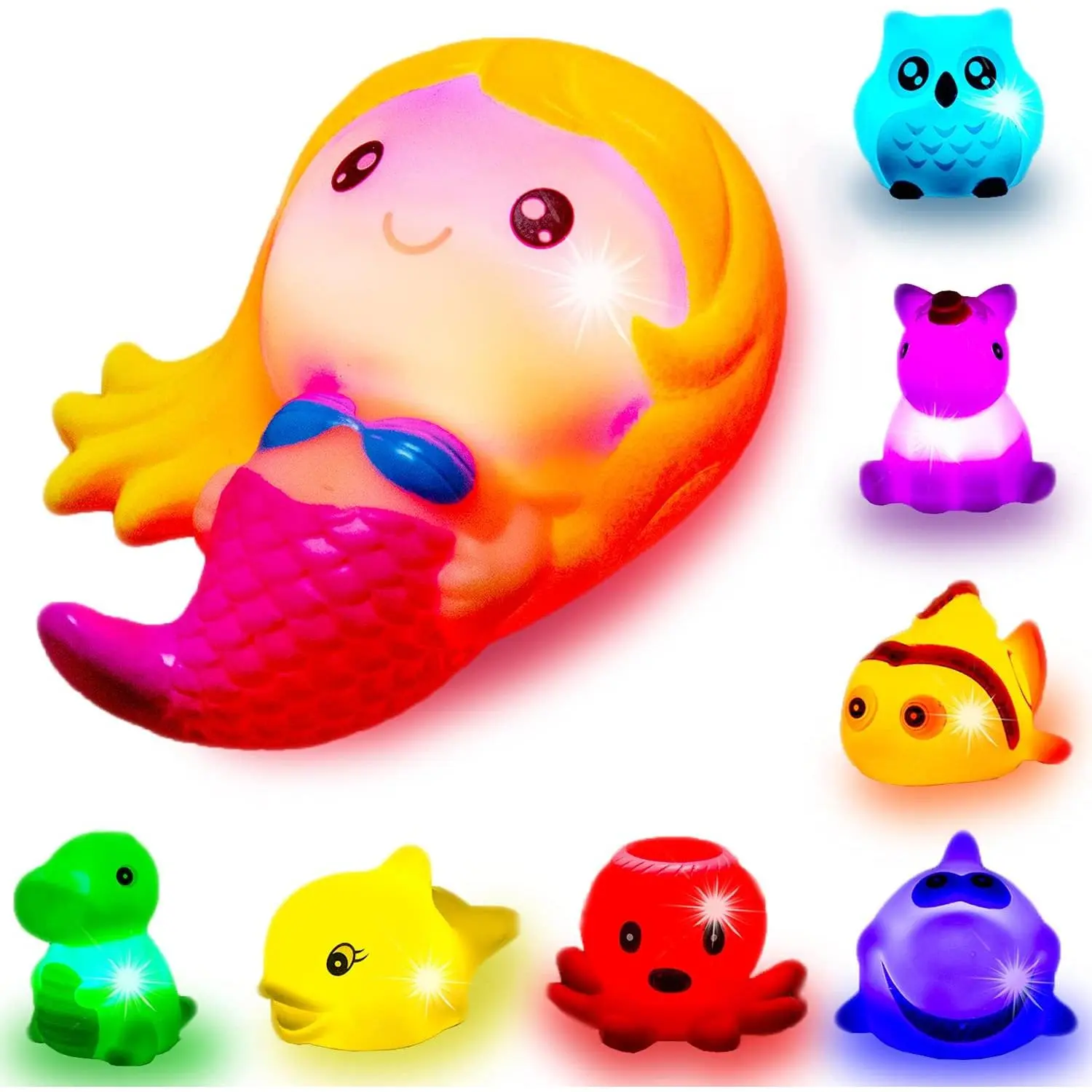 Bath Toys  Toddlers Baby 8 Pack Light Up Toys - Bathtub Toy Flashing Colourful LED Light Shower Bathtime  Kids Infants Shark, Clown Fish, Owl, Unicorn, Octopus, Dolphin, Dinosaur Mermaid