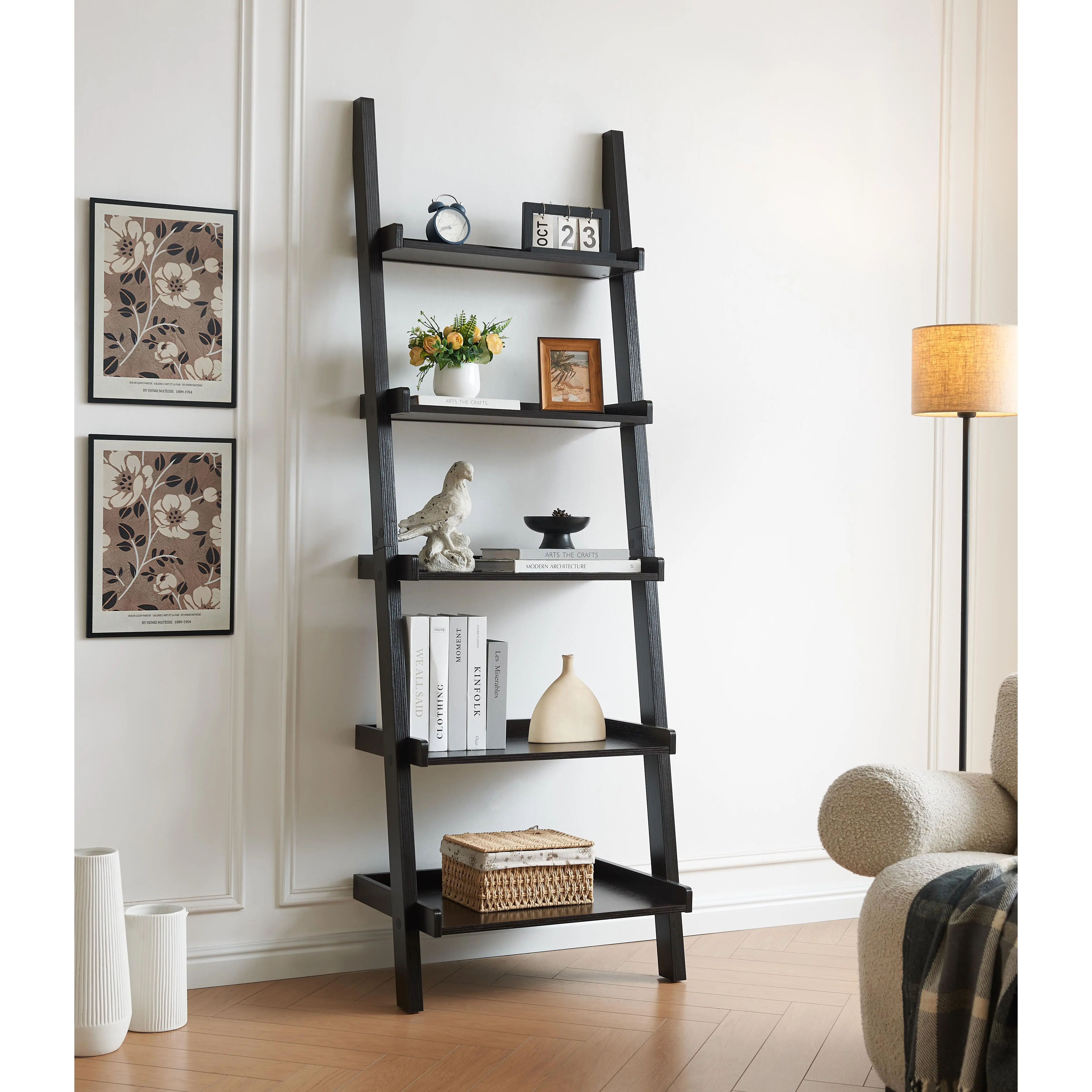 Modern Ladder Bookcase - 5-Layer Standing Shelf Units, Multi-Depth Storage, Rounded Corners, Sturdy Wooden Freestanding Home Storage Solutions for Home Office, Living Room