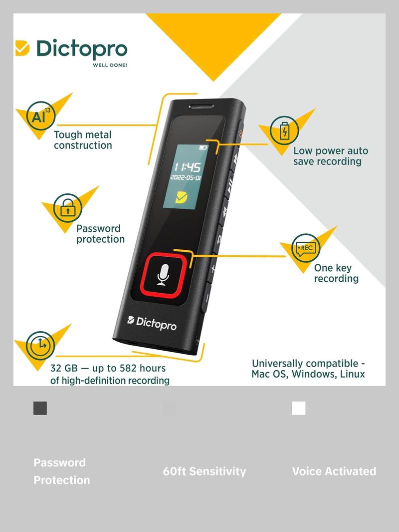 Dictopro X200 Digital Voice Recorder - Portable and Durable Metal Construction - Audio Microphone Automatic