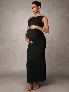 ELARA Pregnant Women Solid Color Oblique Shoulder Metal Decor Fitted Elegant Dress