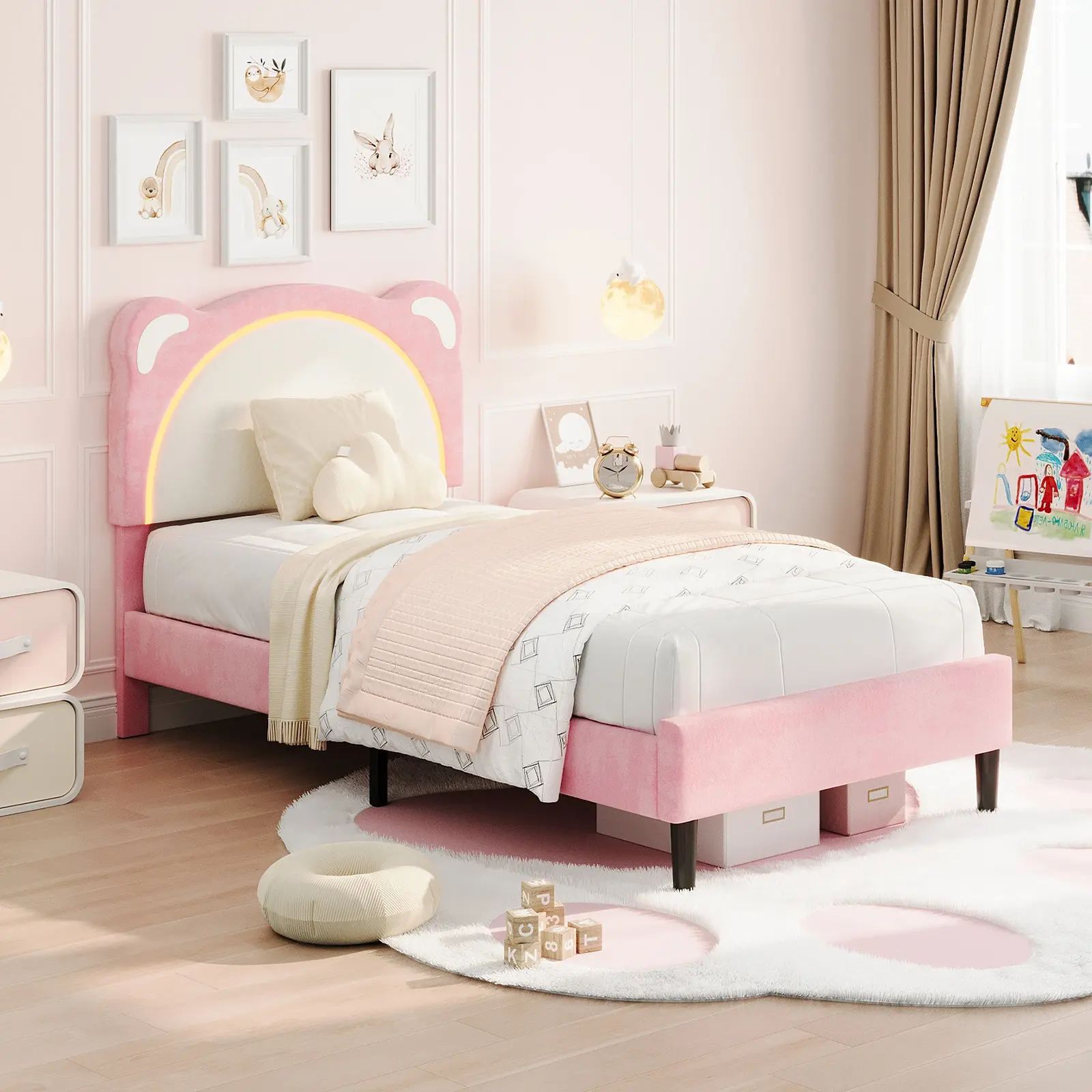 Kids' LED Light Headboard Bed Frame - Adjustable Plush Cute Bear Design, Suede Upholstery, Storage Drawer, Plain Wood Slats, Noise-Free Support, RGB Lights, 20+ LED Modes, Assembly Required, Pink/Blue, Twin/Twin XL Size
