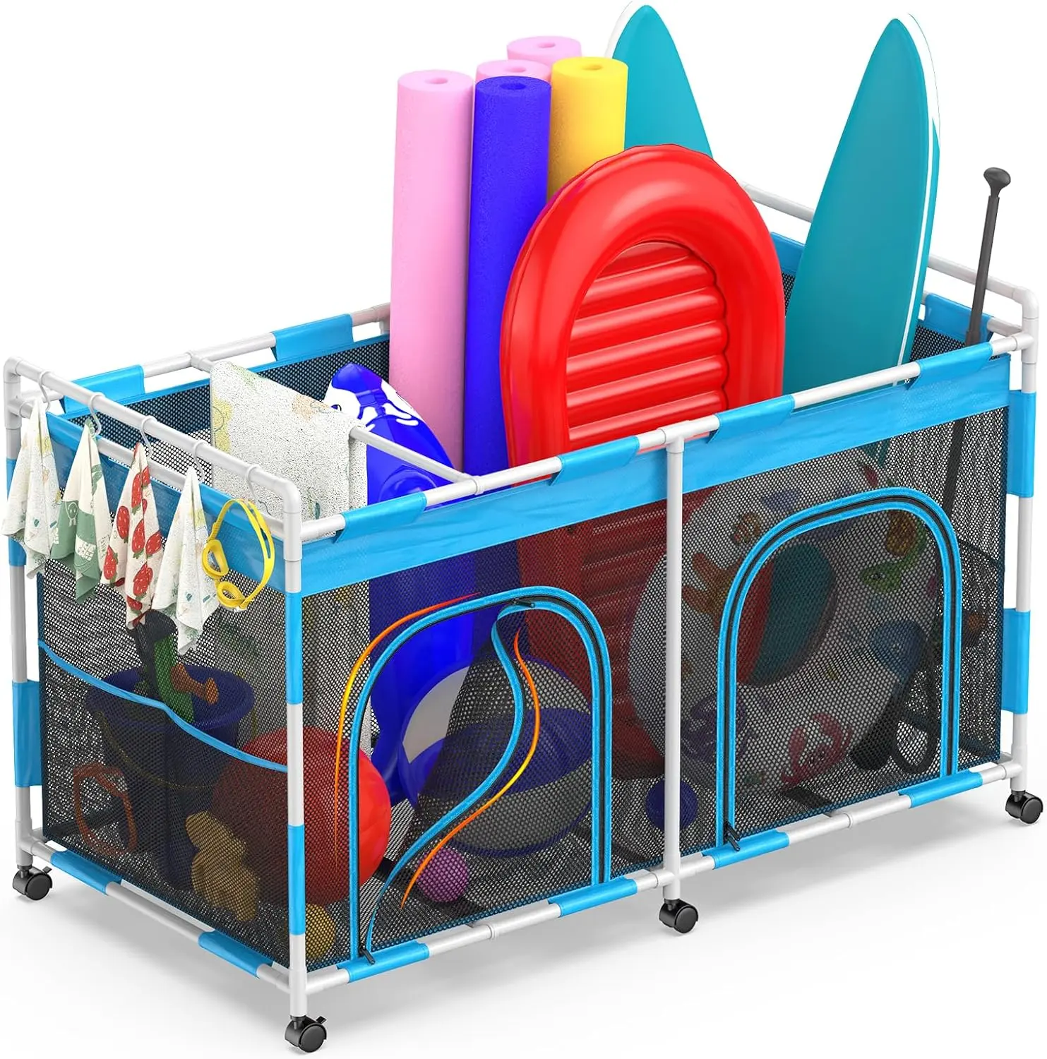 Pool Float Storage Organizer - 288 Gallon Large Capacity Pool Toy Storage Bin for Noodles, Goggles, Floats & Balls - Outdoor Pool Toy Holder with Mesh Rolling Cart for Swimming Equipments