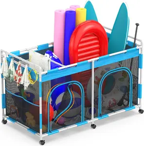 Pool Float Storage Organizer - 288 Gallon Large Capacity Pool Toy Storage Bin for Noodles, Goggles, Floats & Balls - Outdoor Pool Toy Holder with Mesh Rolling Cart for Swimming Equipments