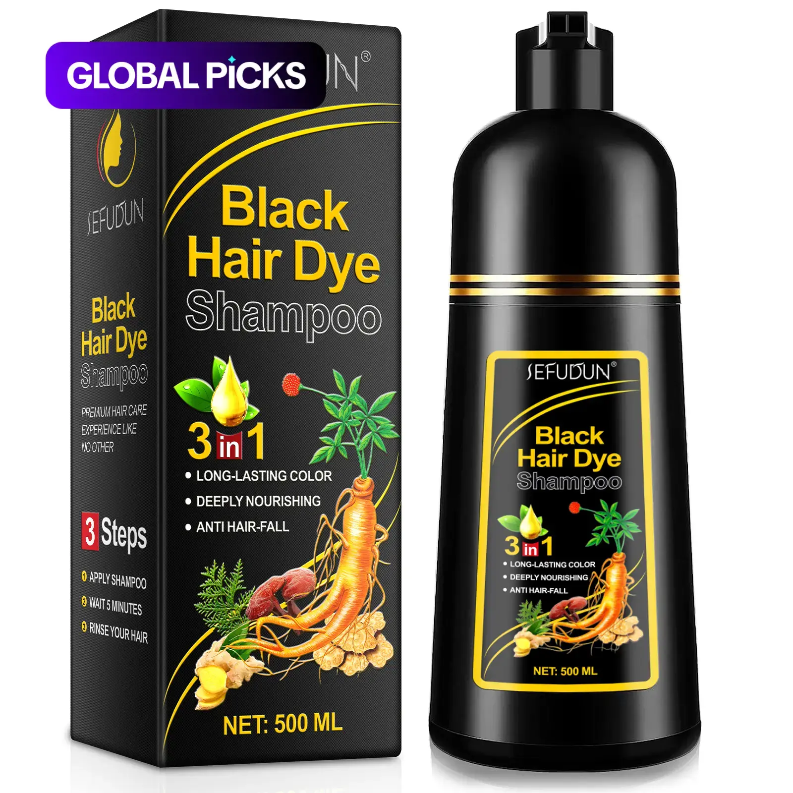 3-in-1 Hair Dye Shampoo, Covers Hair Fast, Herbal Ingredients Gentle on Scalp & Hair, Salon Quality Results at Home, Effective Formula #GLOBAL PICKS