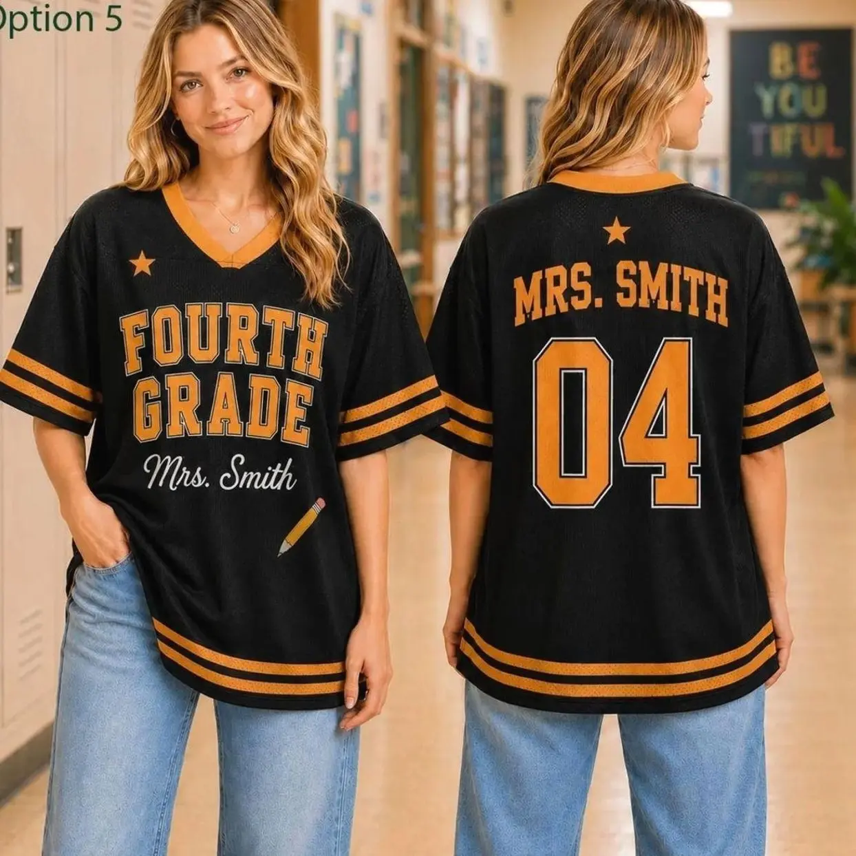 Custom Name Number Shirt, Personalized Mesh Fourth Grade Teacher Mesh Jersey, Back to School Game Day Outfit, Black Gold Teacher Team Gift KA0 5OR