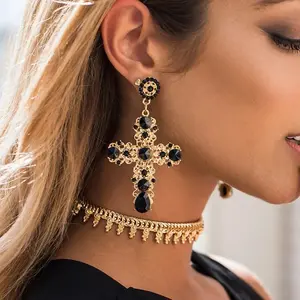 Vintage Black Pink Crystal Cross Drop Earrings Vintage Black Pink Crystal Cross Drop Earrings