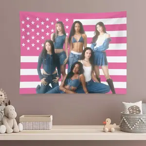 Tapestry Group K-Pop Inspired Flag Tapestry Wall Hanging - K-Drama Aesthetic Poster With Female Idol Group Members, Pink & White Horizontal Banner For Dorm, Bedroom, Party Decor - Gift For K-Pop Fans