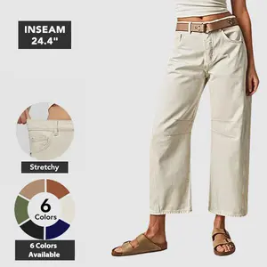 Flamingals Solid Stitch Detail Mid Waist Crop Baby Barrel Pants Without Belt Casual Summer Vibes