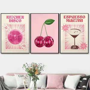3pcs Unframed Retro Disco Ball Cherries Print Trendy Espresso Martini Cocktail Dancing Skeleton Poster Wall Art Canvas Painting Kitchen Decor