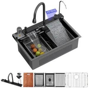 Lordear 30"x19" LED Digital Display Waterfall Kitchen Sink Single Bowl 16 Gauge Stainless Steel Kitchen Sink Workstation Drop In Kitchen Sink with Accessories