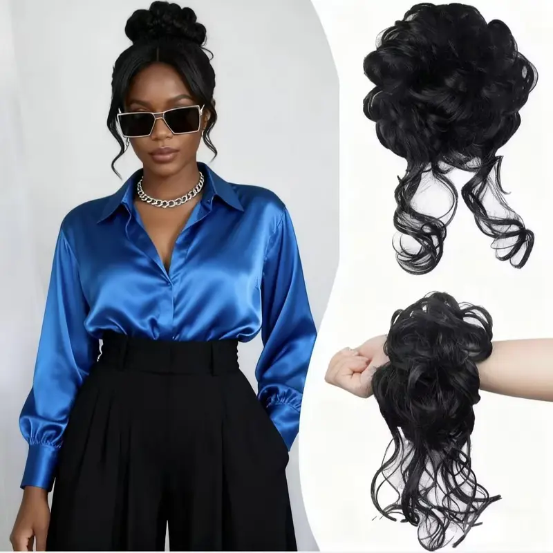 Women's Heat Resistant Messy Bun Synthetic Hairpiece - Elastic Band Scrunchie, Tousled Updo, Body Wave Curly Chignon, Afro Puff, Synthetic Extensions for Parties, Boardroom Meetings, Daily Ponytails (All-Day Style Companion)