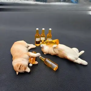 Cute Drunk Puppy Mini Figurines, 3D Solid Shiba Inu & French Bulldog Ornaments with Traceless Adhesive, Perfect Decor for Car Interior, Desktop, Fish Tank and Garden