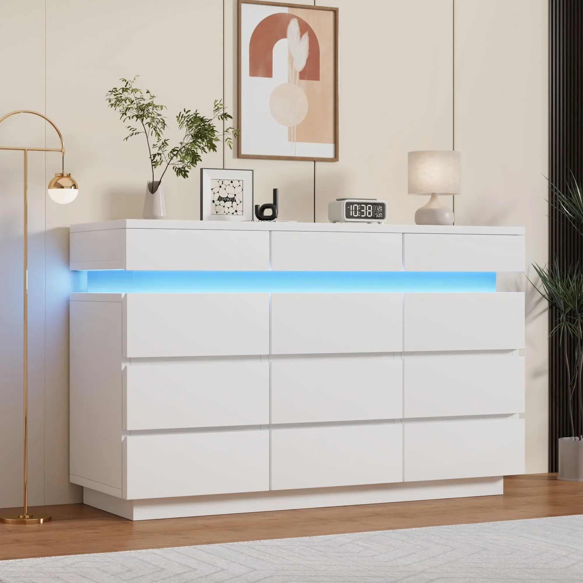 Garvee 59" Wooden 9 Drawer Dresser with LED Lights, Large Storage Drawers, Modern Design, Anti-Tipping Feature, Available in White and Black, Ideal for Bedroom and Living Room