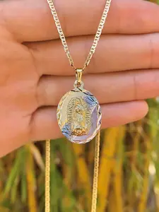 Virgen de Guadalupe Necklace 14K Gold Plated Virgin Mary Pendant Our Lady of Guadalupe Charm Tri Color Mariner Chain for Mens Womens Fine Jewelry Everyday Wear Anniversary Birthday Engagement Wedding