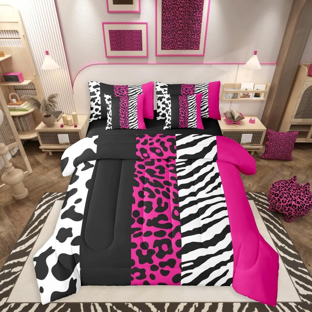 Hot Pink Patchwork 7 Pcs Bedding Set,Cheetah Cow Zebra Print Bed in a Bag,Farmhouse Animal Bed Set Includes Comforter,Sheet Set,Pillowcases & Pillow Covers,Animal Skin Pattern Bedroom Decor