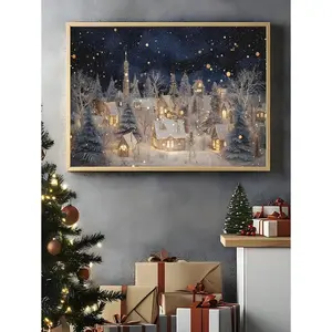 1pc Vintage Christmas Wall Art Christmas Snow Landscape Village Night Stars Poster Canvas Prints Painting Modern Winter Home Decoration, Ice Skating Oil Painting Horizontal Print Winter Night Canvas Wall Art Mountain Village Decor Christmas Decorations
