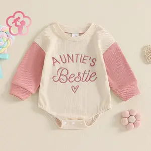 (35% Cotton) GCB Newborn Baby Girl Waffle Oversized Sweatshirt Bubble Romper Aunties Bestie Embroidery Long Sleeve Onesie Bodysuit Fall Winter Outfit