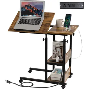 Adjustable C Table with  Station, Tiltable Desk C Shaped End Table for Couch, Over Bed Table with Wheels Adjustable Height,  Table Laptop Stand Drawing Desk, Rustic Brown