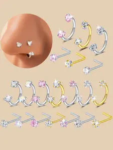 Elegant Cz Inlaid Spiral Nose Ring, L-Shaped Heart Design Piercing Stud 18g Unisex Fashion Jewelry, Party Body Accessories, Trendy Gift Idea