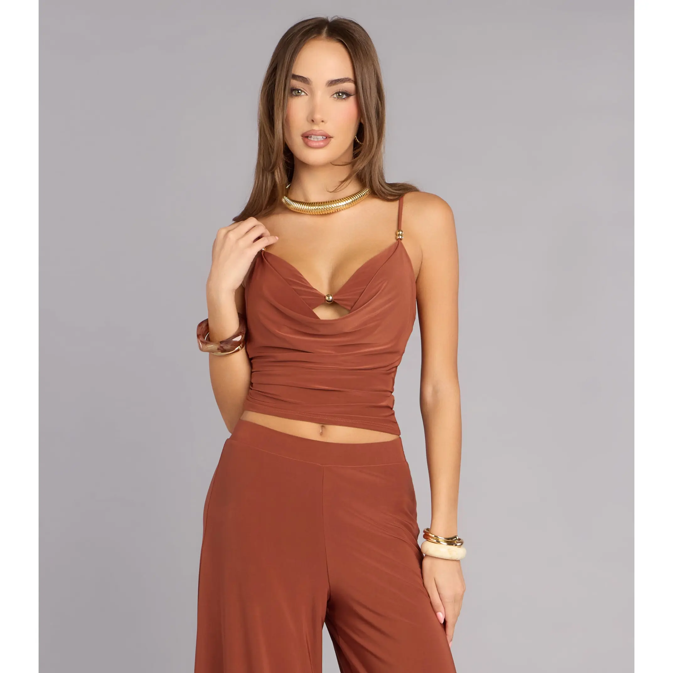 Effortless Chic Beaded Cowl Neck Top