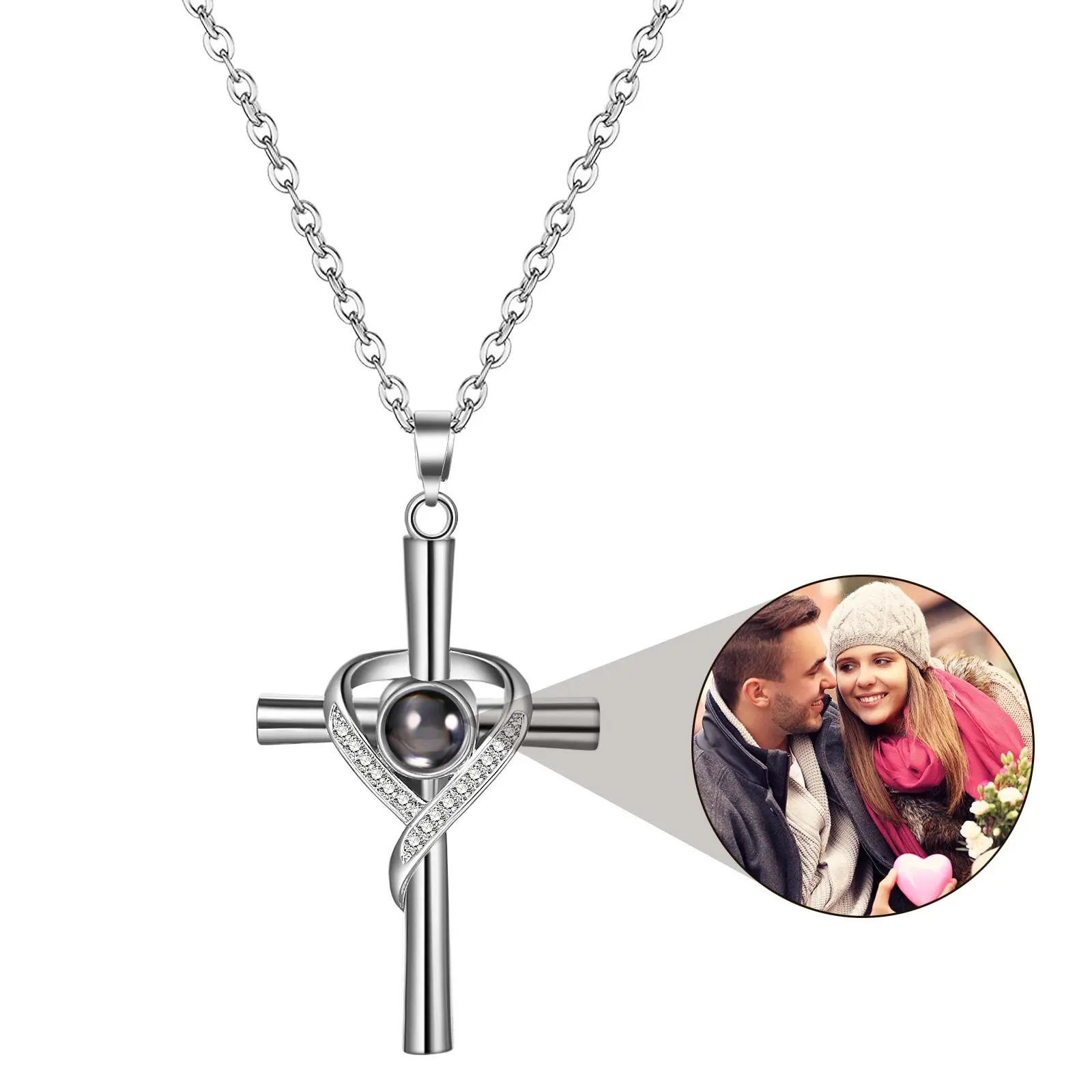 OIDEA Custom Photo Cross Link Chain Necklace - 100 Languages "I Love You" Projection Stone Pendant, Romantic Couples Gift, Faith-Inspired Statement Jewelry for Anniversaries, Chain Necklaces, Romantic Couples Gifts, Faith-Inspired Statement Necklaces