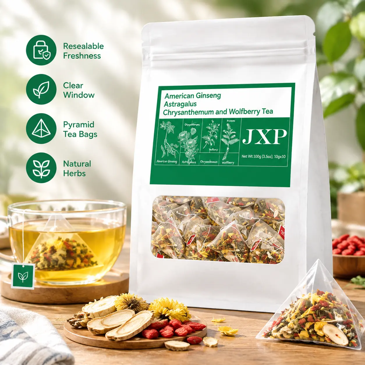 American Ginseng & Chrysanthemum Tea | 10 Tea Bags | Blended with Gardenia, Honeysuckle, Licorice, and Aged Tangerine Peel | A Refreshing and Pleasant Daily Tea