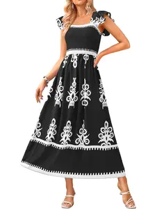 BTFBM Summer Dresses for Women 2026 Floral Smocked Boho Sleeveless Square Neck A Line Casual Beach Maxi Dress Pockets