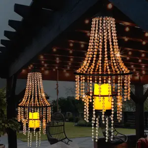 Hanging Candle Chandelier Outdoor,  Operated Clear  Beaded Chandelier with Flickering Led Candle Light S Hooks Modern Lantern for Garden Yard Patio Gazebo Room Indoor Decorations, 28H