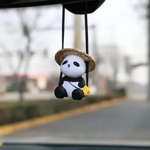 Cute Wobbling Panda Car Rearview Mirror Hanging Ornament, Creative Straw Hat Panda Wobble Pendant, Interior Decorative Accessory