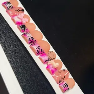 Hot pink French tip animal print medium square Gel Press On nails
