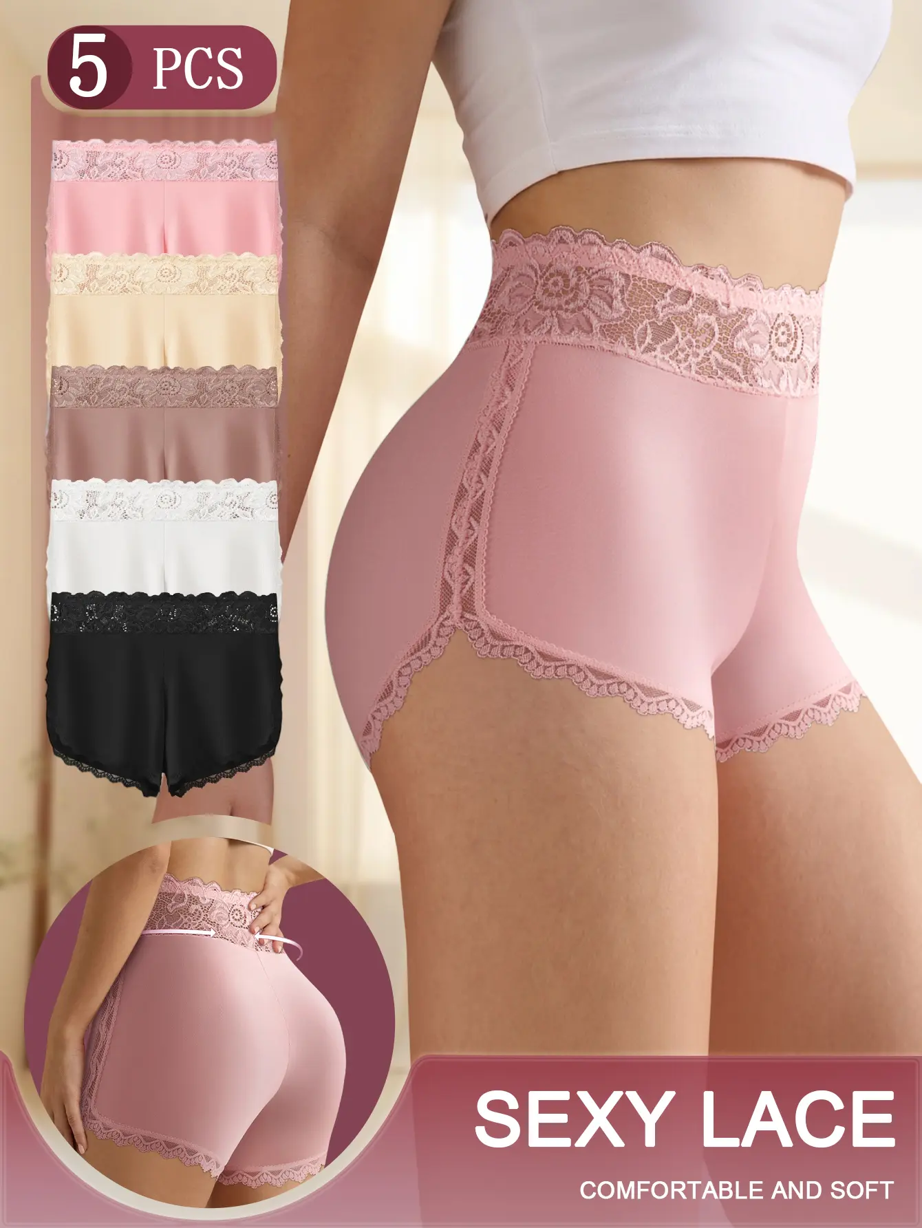 QUASTI 5PCS Women's High Waist Slip Shorts, Sexy Floral Lace Panties, Lace Edge Boyshort Underwear, Breathable Lightweight,  Inner Under Skirt Shorts, Daily Comfort,S-XXL