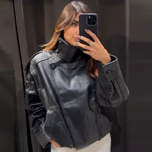 Women’s Black PU Leather Jacket Autumn 2025 Oversized Asymmetric Zip Outerwear New In Coats & Jackets Long Sleeve Biker Jacket Street Style Jacket Puffer